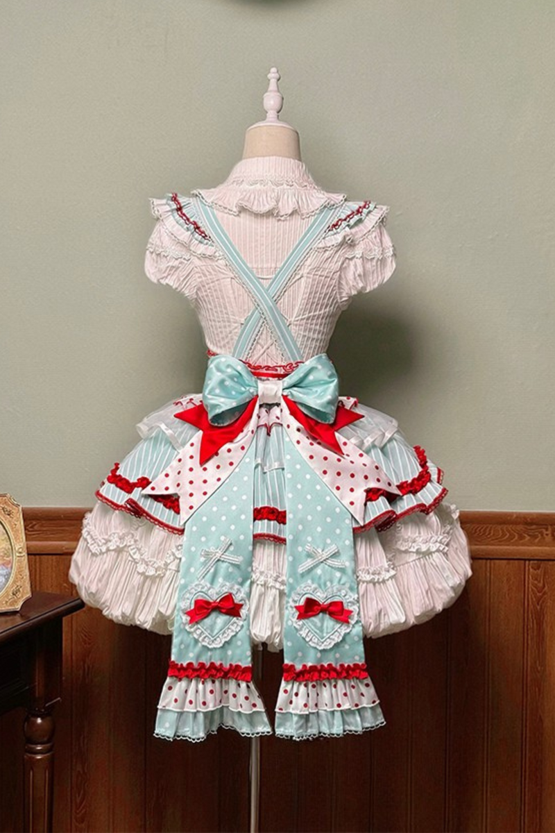[pre-order Deadline: April 3] Twin Tiered Lolita Dot Ribbon Striped Dress + Flower Bud Skirt Dress