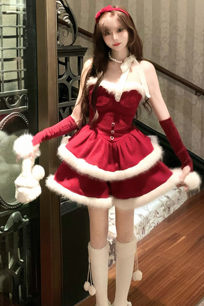 Red Velvet Cake Fur Coat + Suspender Skirt + Sleeves