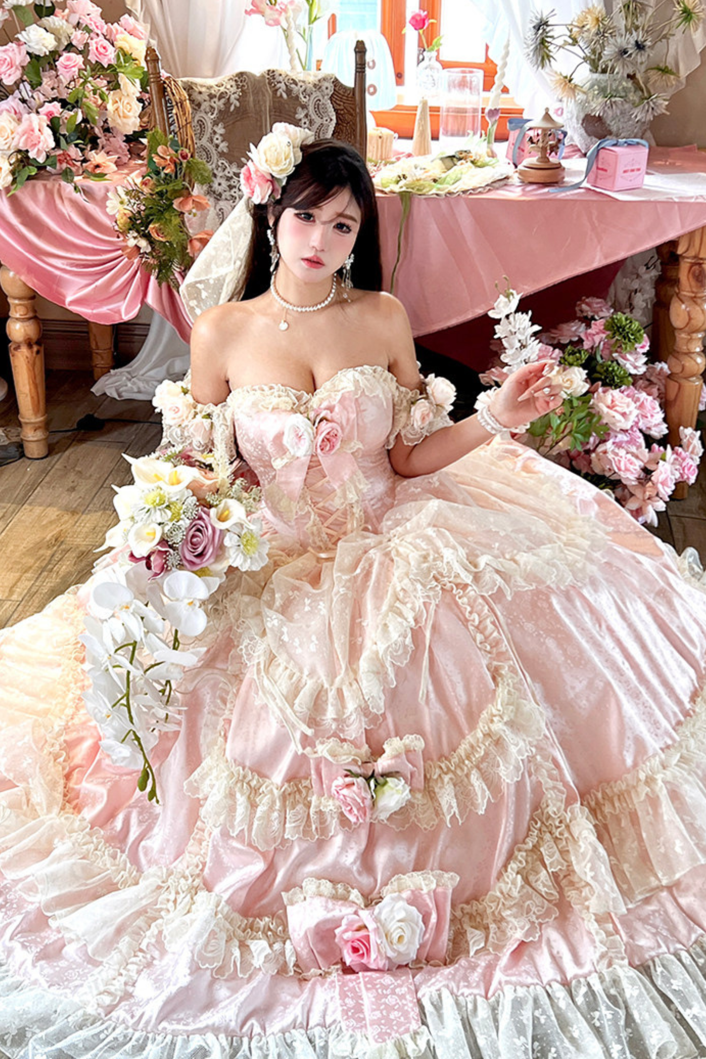 Love and Flower Sweet Dress + Ribbon Hair Accessory + Flower Hair Accessory