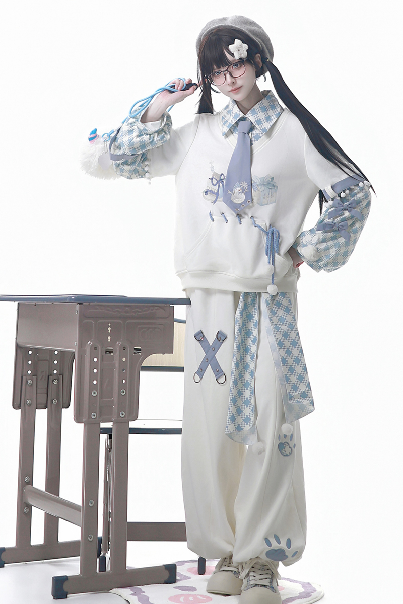 Digital Plaid Top + Wide Pants + Belt + Tie