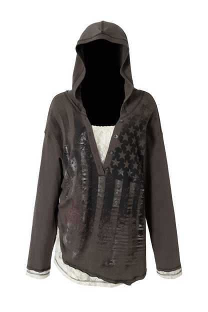 Lace Patchwork Loose Hooded Hoodie