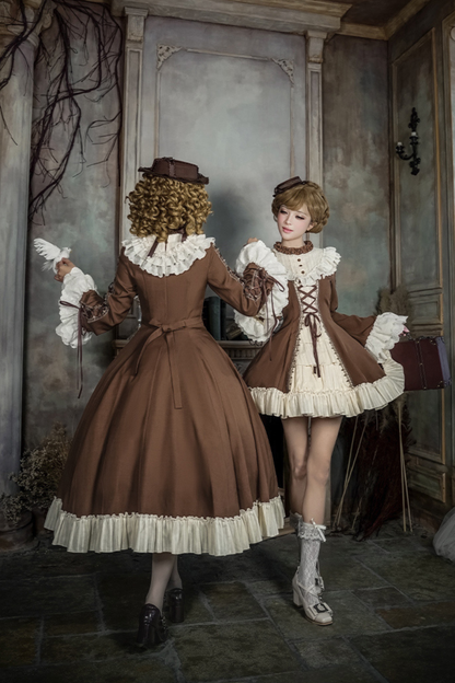 Lace Stand Collar Flared Sleeve Twin Doll Lolita Dress + Collar + Hat