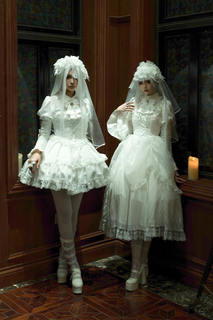 White Gothic Gemini Lolita Dress + Corset + Ribbon + Headband + Veil