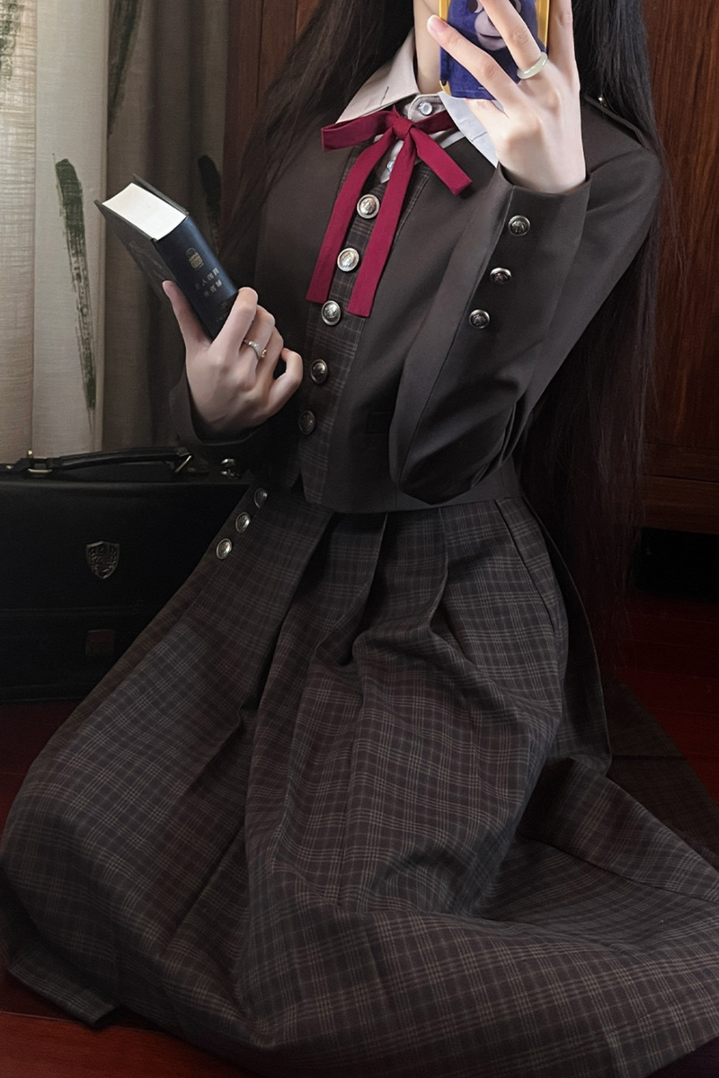 Retro College Jacket + Shirt + Skirt + Badge + Tie