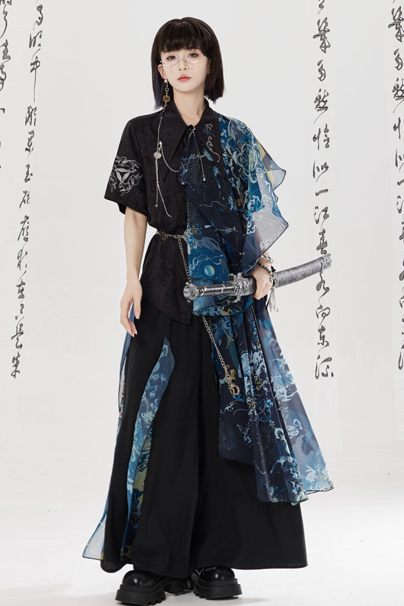 Dark Chinese-style Shirt + Wide Leg Pants + Chain + Belt