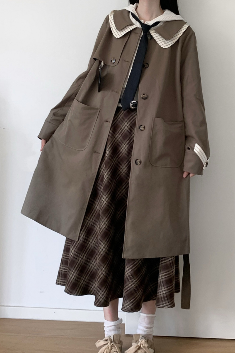 Maple Trench Coat + Hooded Top + Checkered Skirt + Shirt Dress