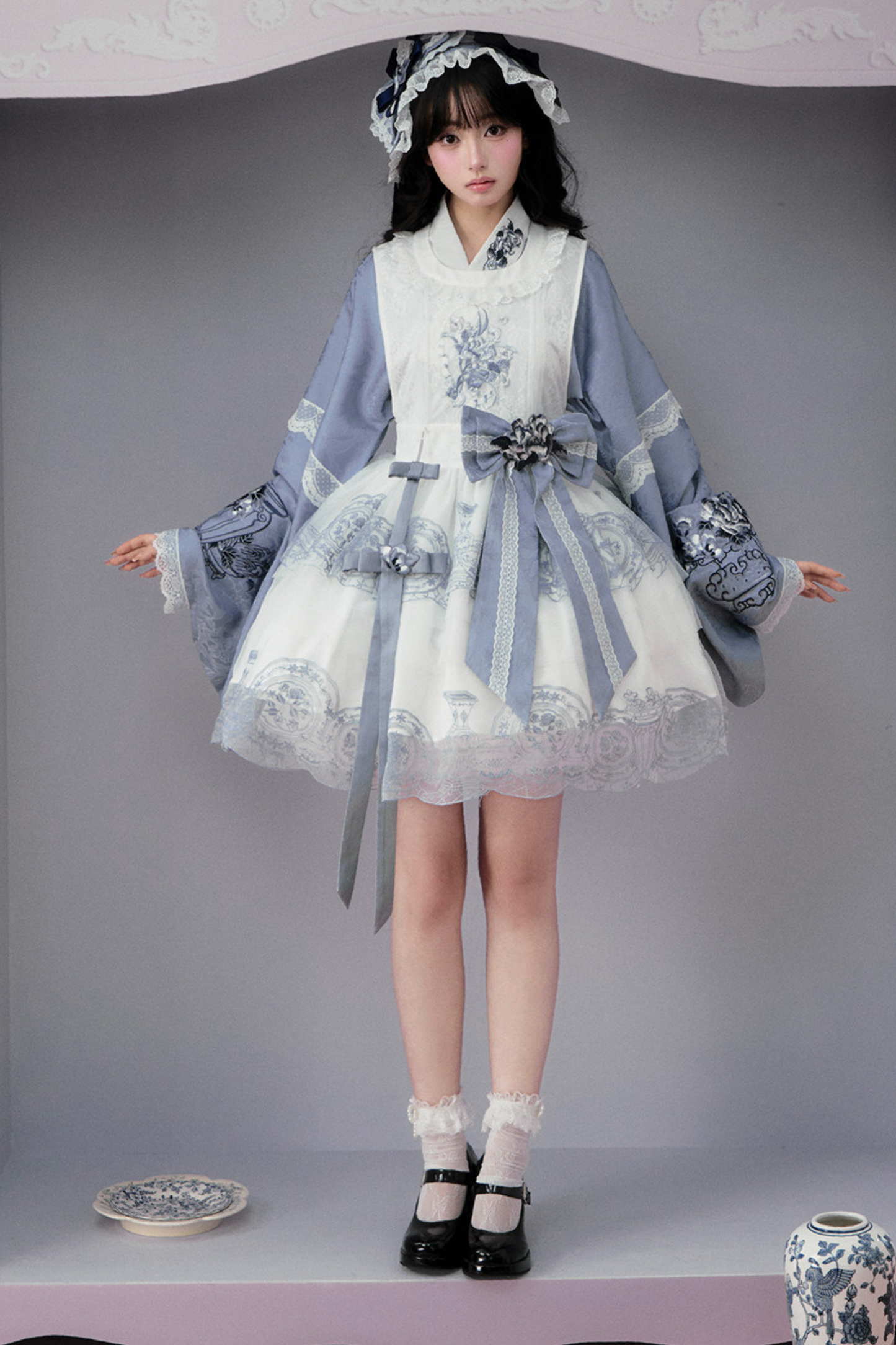 Chinese-style Jacket + Skirt + Overskirt + Ribbon + Brooch + Headband