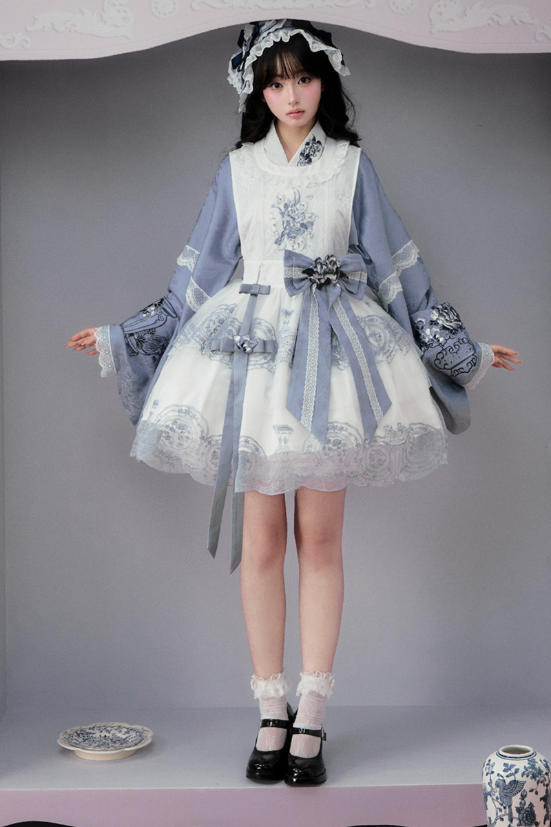 Chinese-style Jacket + Skirt + Overskirt + Ribbon + Brooch + Headband