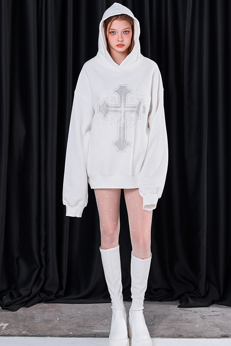 Big Cross Design Loose Hooded Sweatshirt