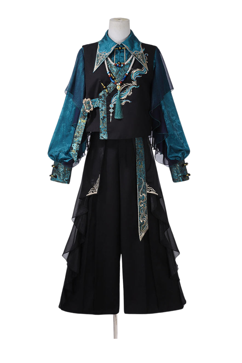 Ruan Chinese-style Top + Vest + Wide Leg Pants + Necklace