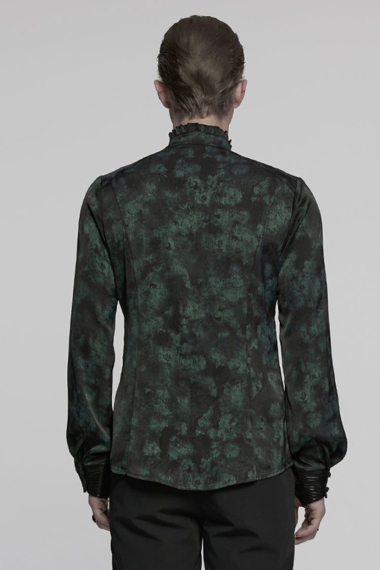 Black/green Stand Collar Long Sleeves Ruffle Pleated Gothic Blouse