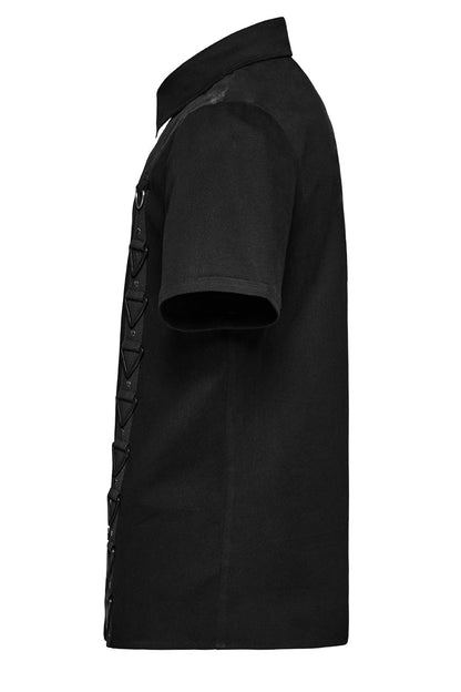 Black Lapel Collar Short Sleeves Stitching Punk Blouse