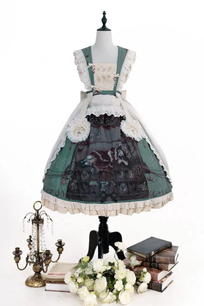 Ruffled Beaded Gothic Straps Printed Dress