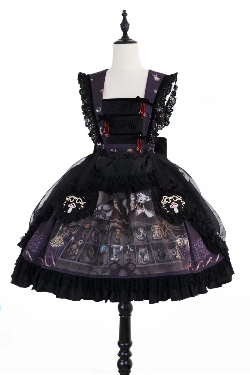 Ruffled Beaded Gothic Straps Printed Dress