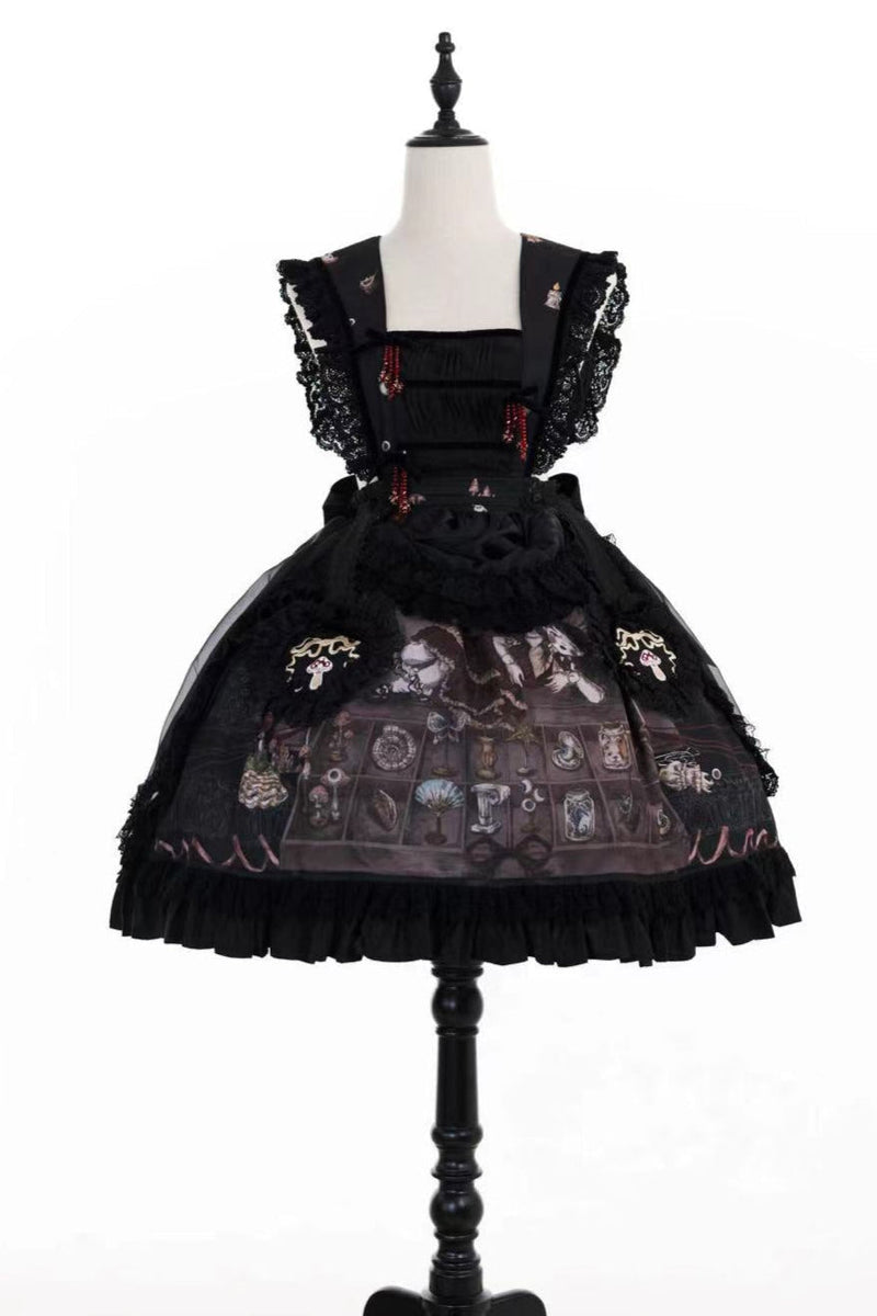 Ruffled Beaded Gothic Straps Printed Dress