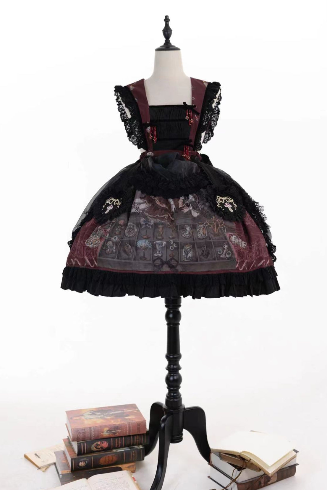 Ruffled Beaded Gothic Straps Printed Dress