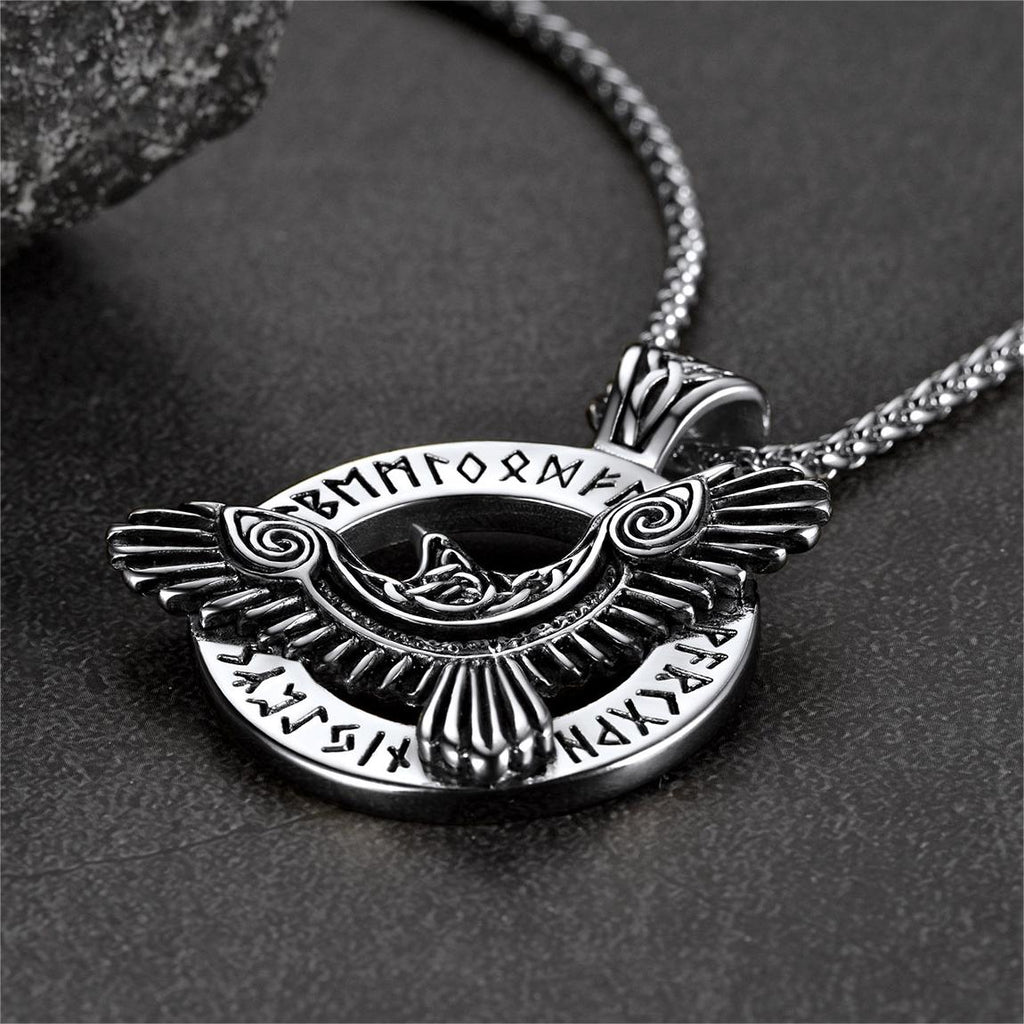 Viking Odin's Raven Necklace for With Runes