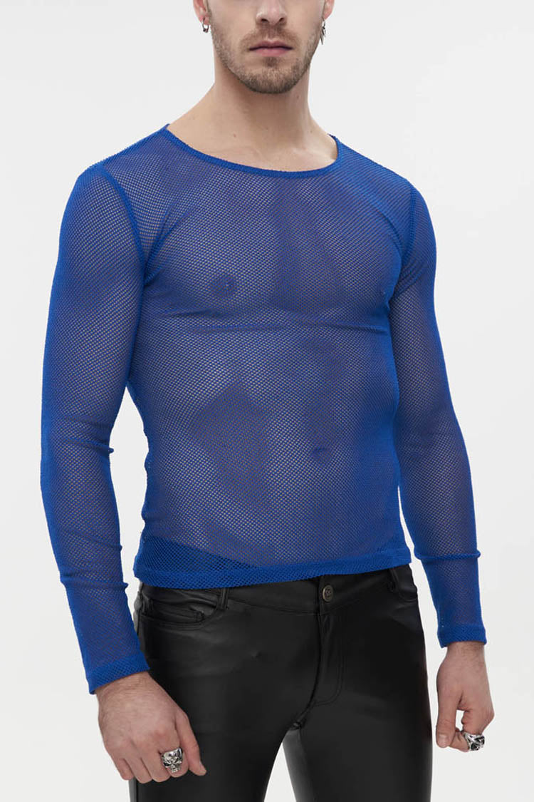 Blue Gothic Elasticity High Neck Long Sleeve Mesh Shirt