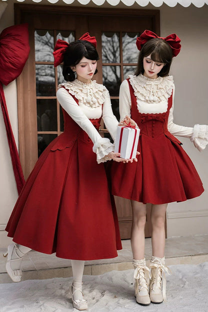 Red [letters and Poems · Velvet Rose] Sleeveless Embroidered Bow Fishbone Classic Lolita Bandeau Dress 2 Versions