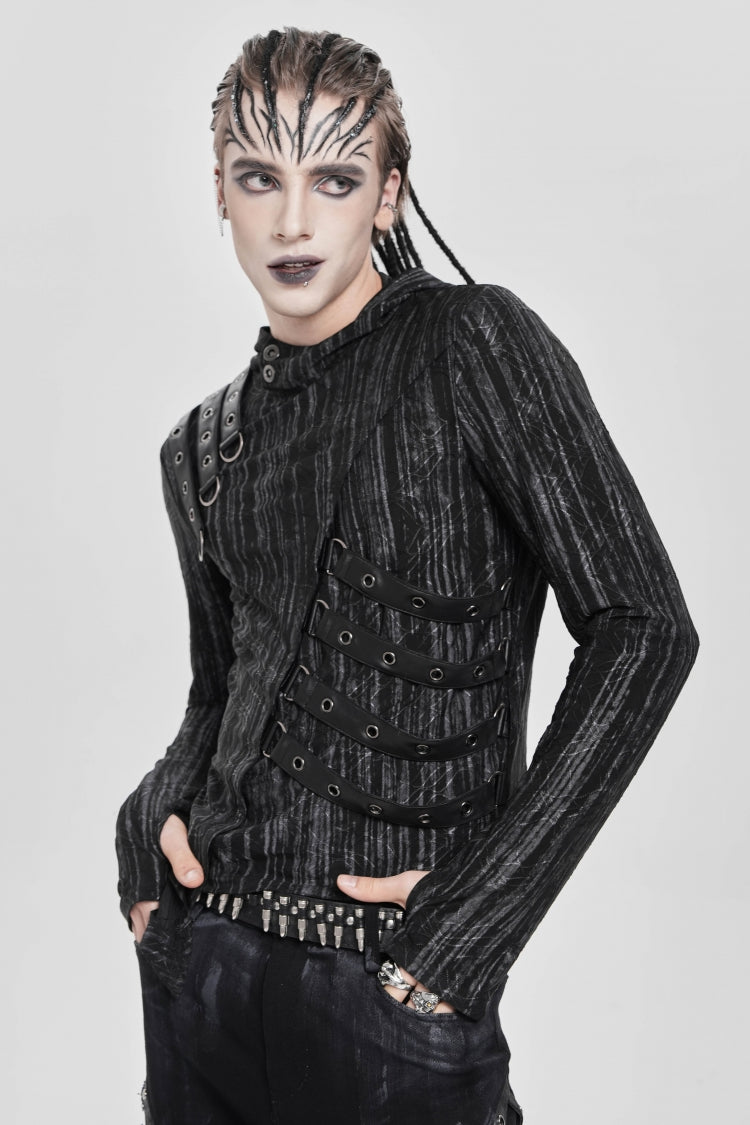Black Long Sleeves Irregular Hooded Straps Eyelet Punk Blouse