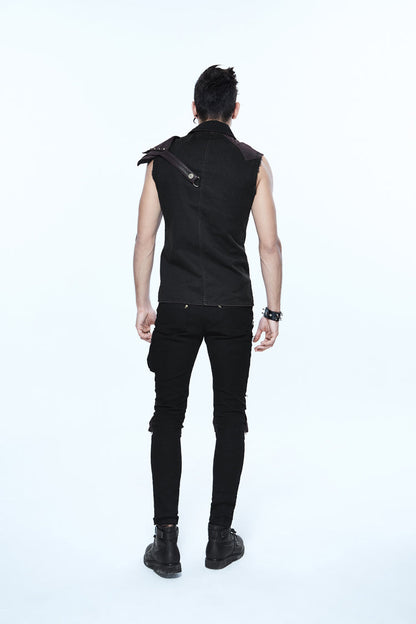 Black Twill Brown One Shoulder Armor Heat Seal Hasp Sleeveless Punk Shirt