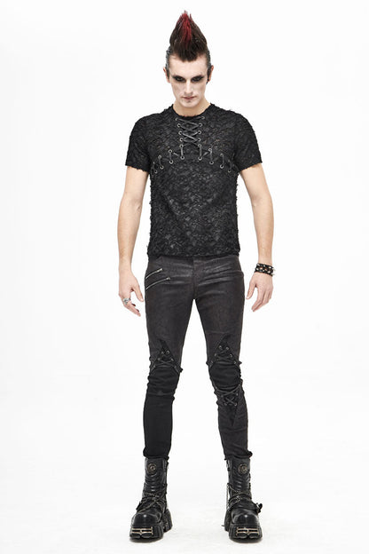 Black Broken Holes Thick Stripes Chest Lace-up Knit Short Sleeve Punk T-shirt