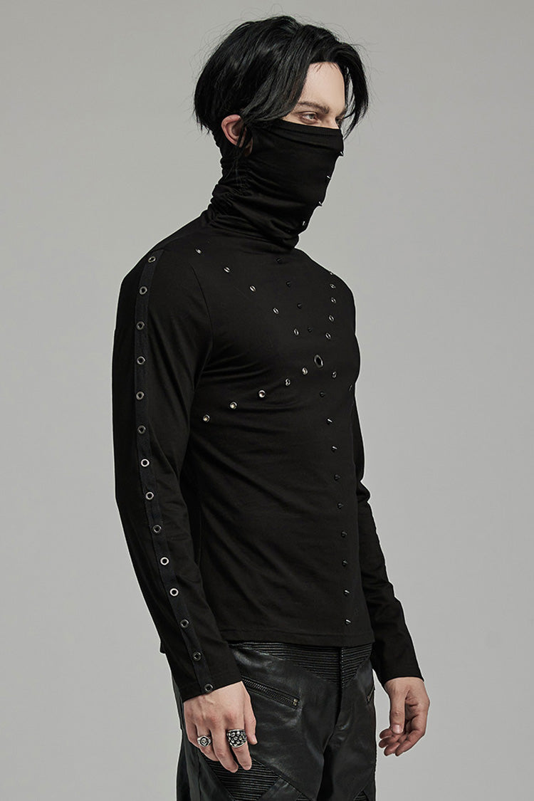 Black Long Sleeves Rivet Mesh Punk Blouse With Undetachable Mask