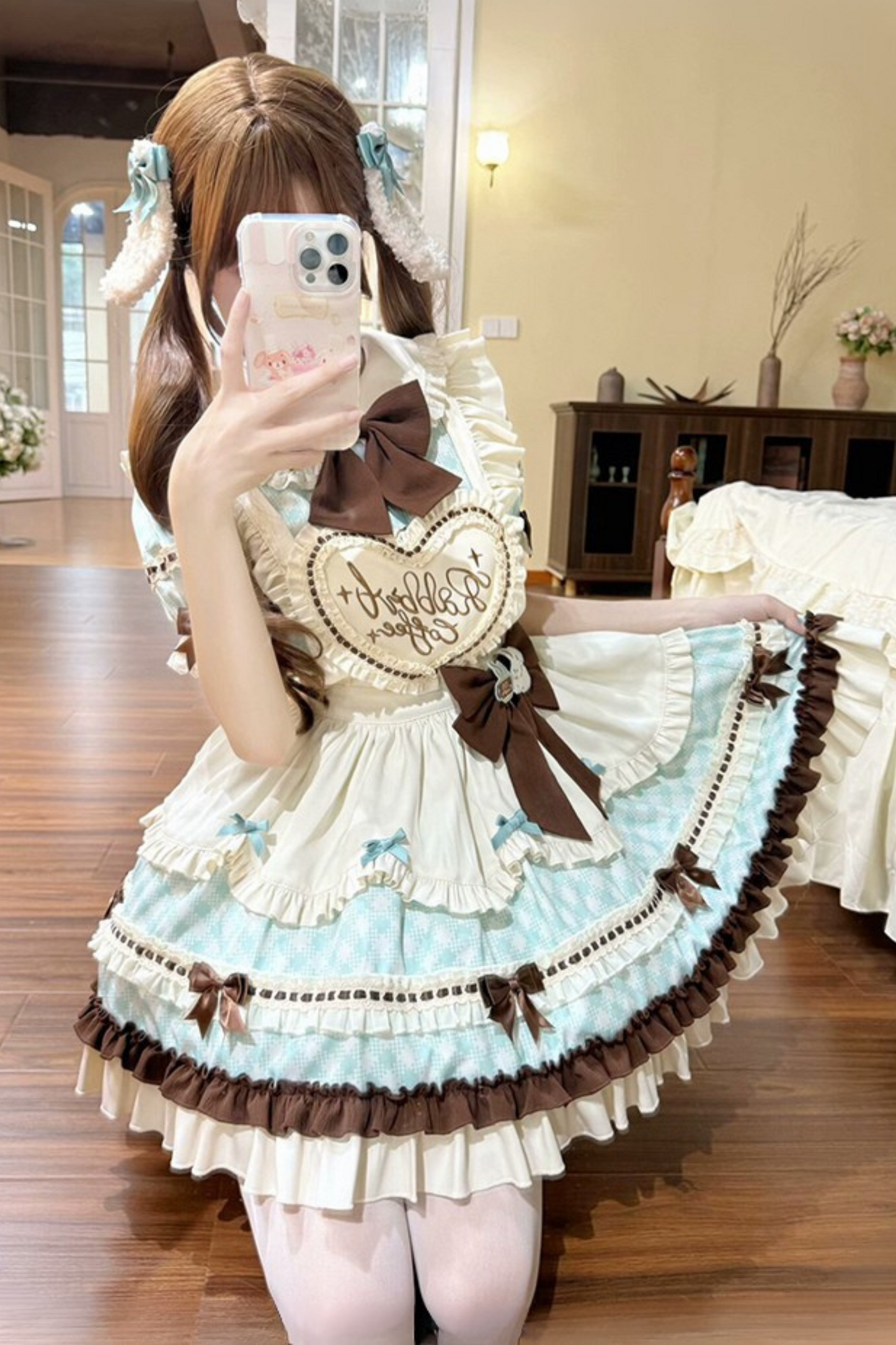[pre-order] Bunny Ear Hair Clip + Pink Blue Sweet Maid Apron Dress