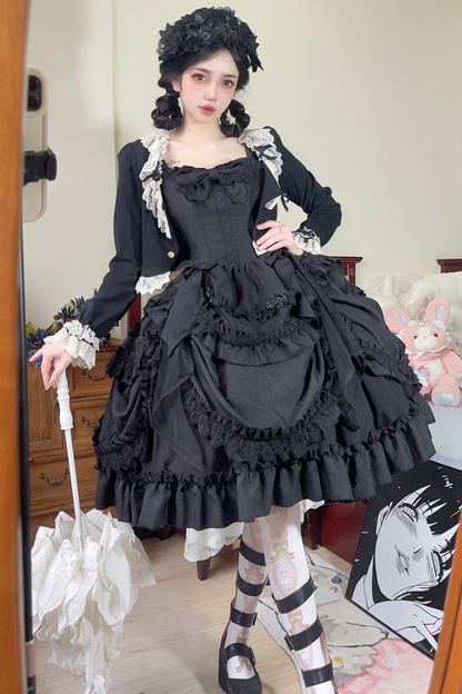 Dark Gothic Ruffle Lolita Dress + Waist Belt + Train + Hairband