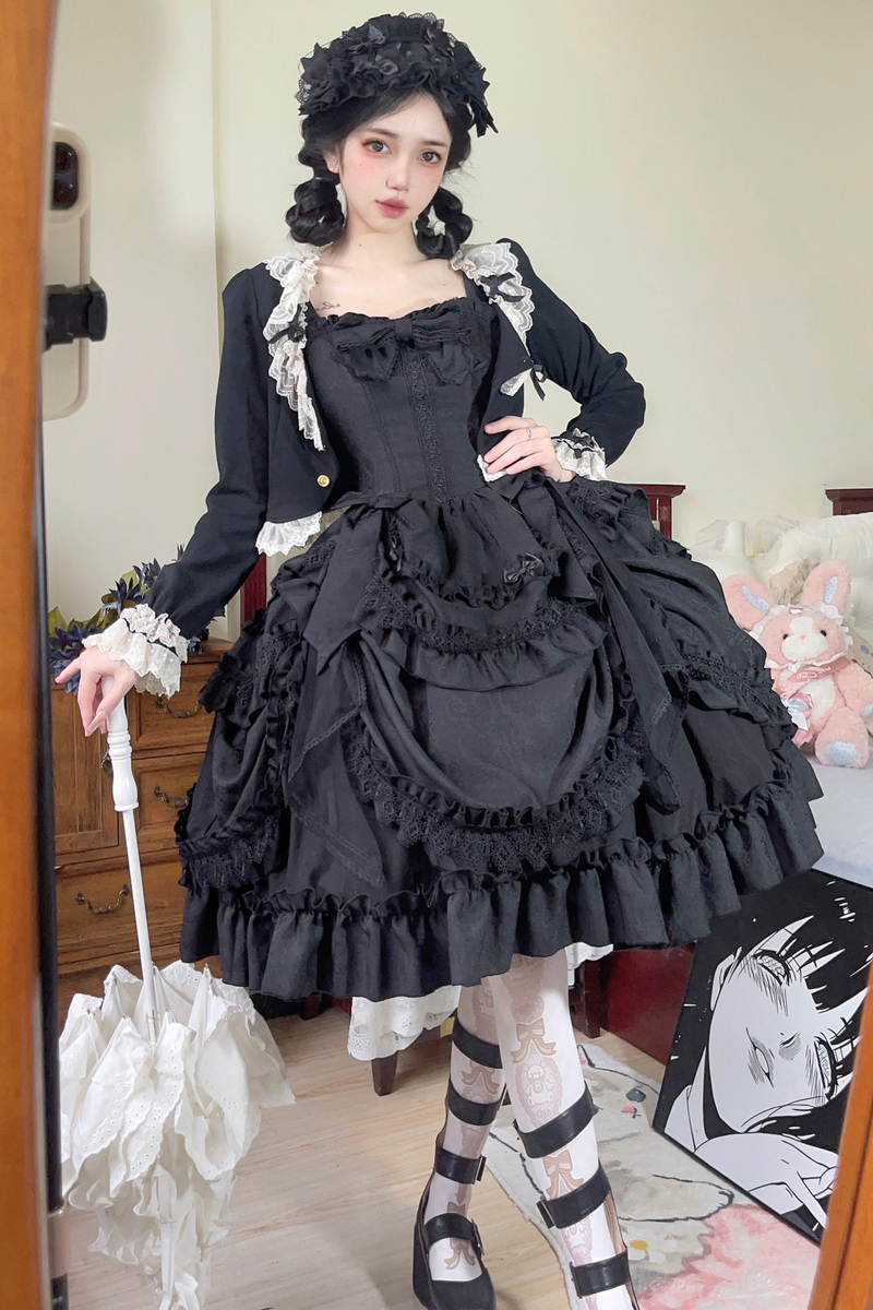 Dark Gothic Ruffle Lolita Dress + Waist Belt + Train + Hairband