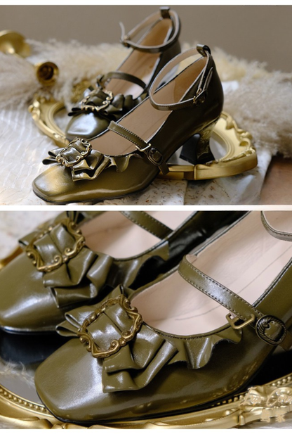 Leather Ribbon Ruffle Lolita Heels
