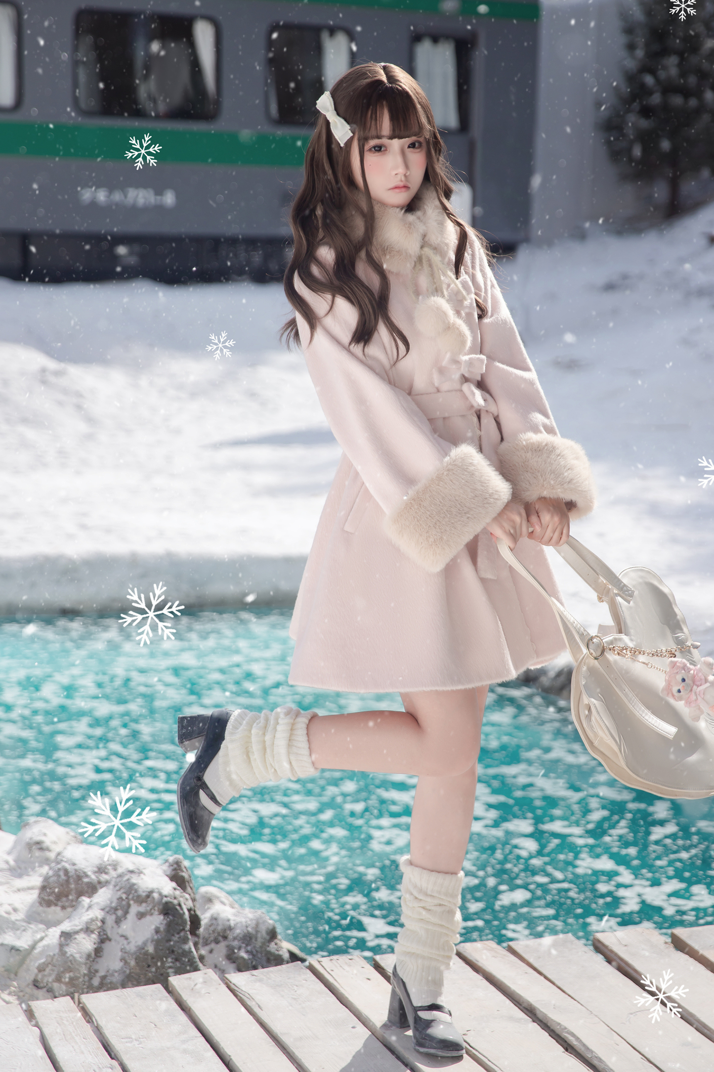 Sweet Girly Ribbon Flared Coat + Fur Collar + Shirt + Skirt + Beret