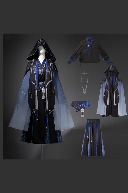 Dark Chinese-style Hooded Top + Belt + Cape + Necklace + Skirt