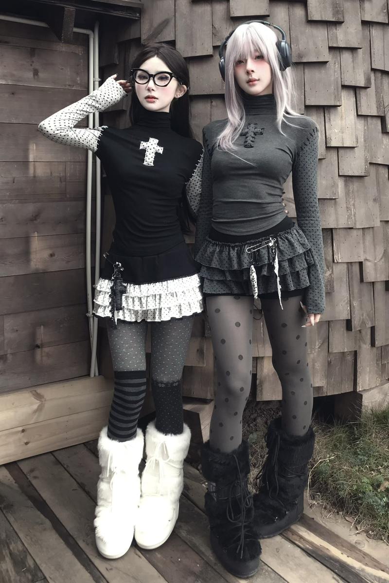 Cross Dot Turtleneck Top + Skirt + Pendant