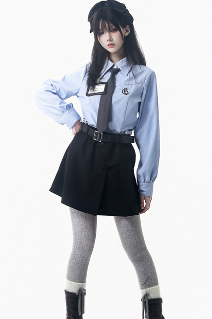 College Blue Shirt + Cardigan + Short Skirt + Long Skirt
