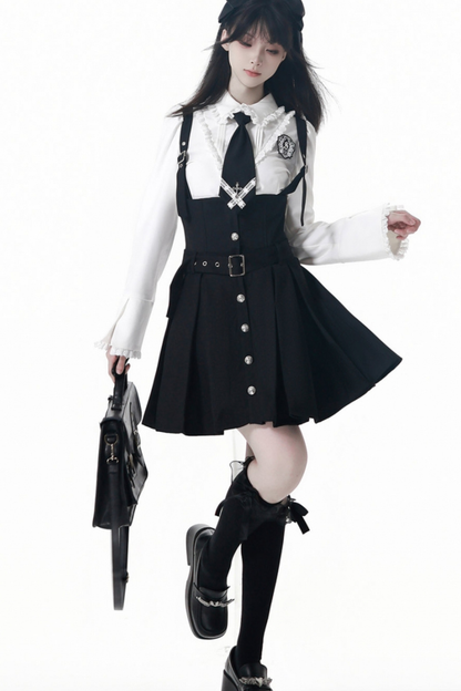 College Jacket + Suspender Skirt + Blouse + Tie