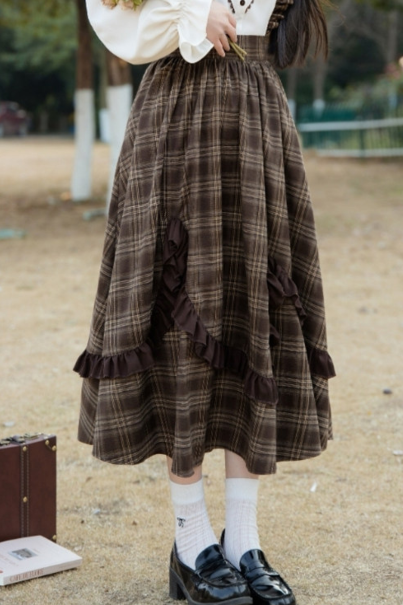 Retro Girly Plaid Skirt + Ruffle Blouse