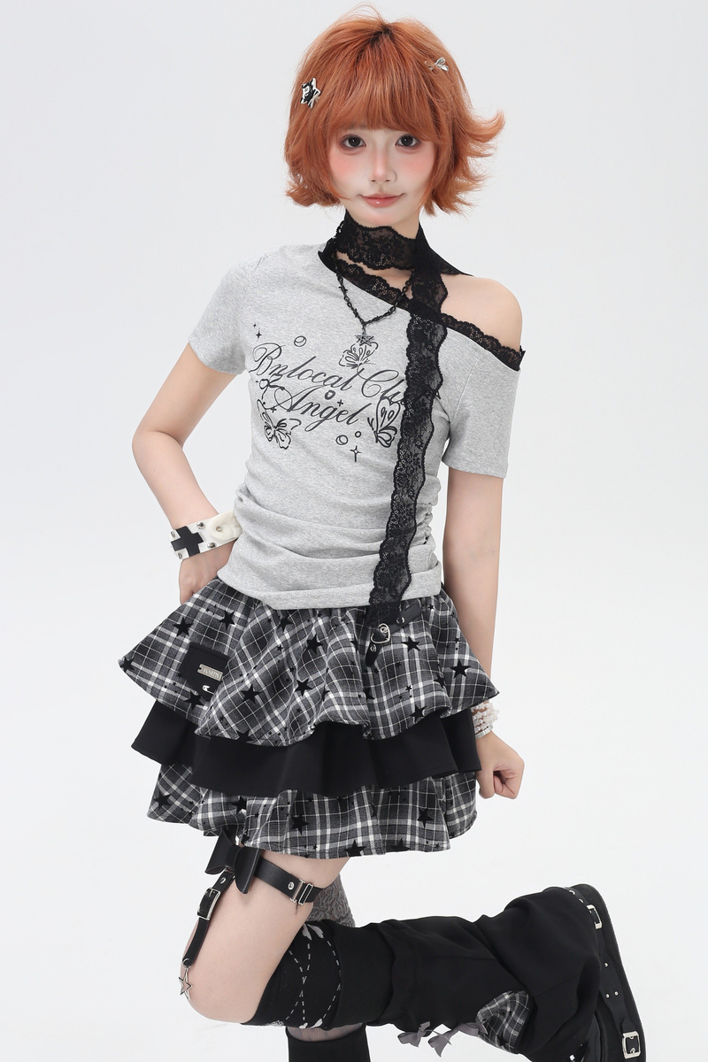 Lace Design One Shoulder Slim Top