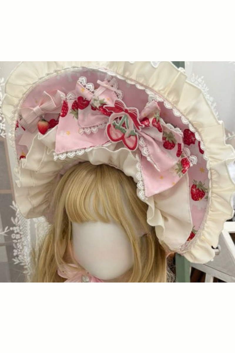 Strawberry Lolita Jumper Skirt + Rabbit Hair Scarf + Big Ribbon + Top + Hat + Bonnet