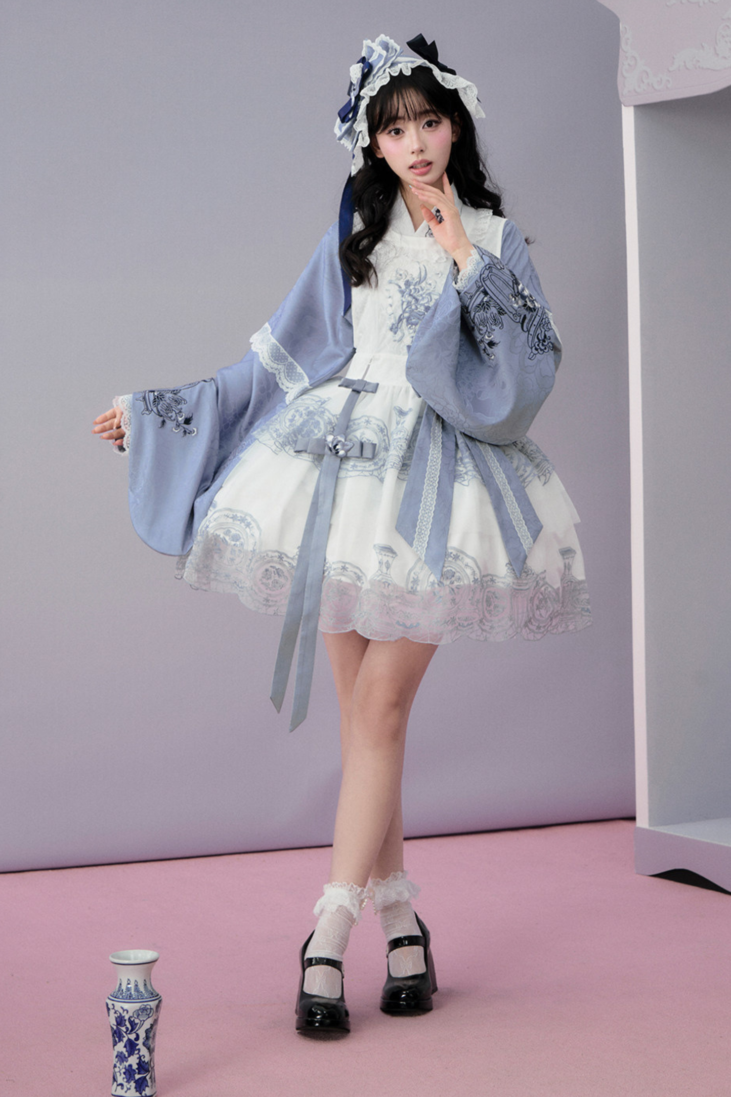 Chinese-style Jacket + Skirt + Overskirt + Ribbon + Brooch + Headband