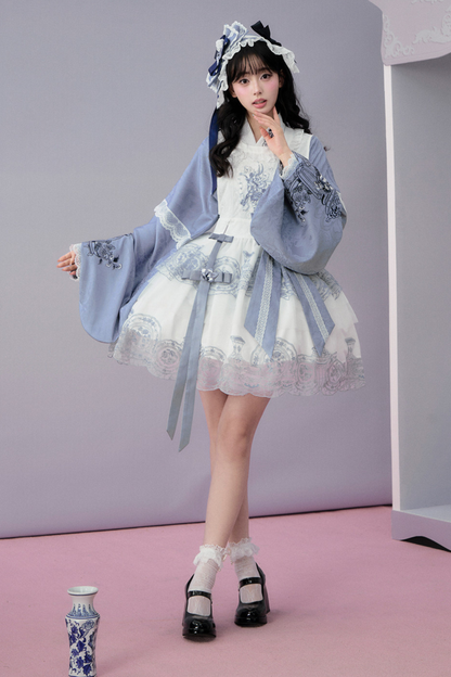 Chinese-style Jacket + Skirt + Overskirt + Ribbon + Brooch + Headband