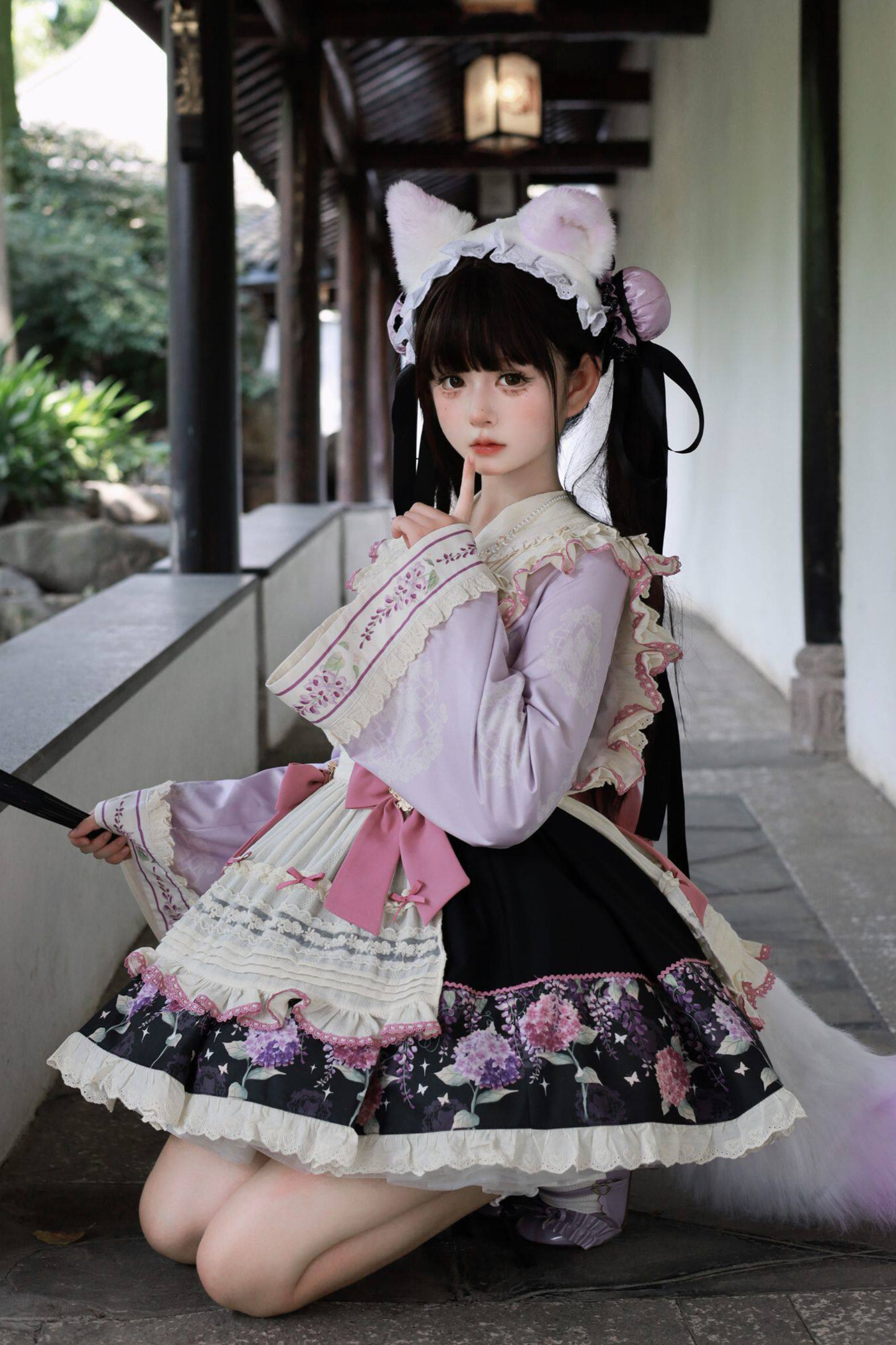 Chinese-style Lolita Top + Skirt + Apron + Headband + Bonnet
