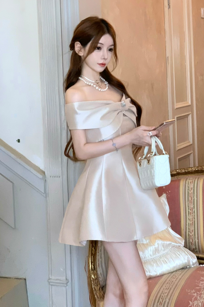 Off Shoulder Ribbon Short Flare Dress + Long Flare Dress