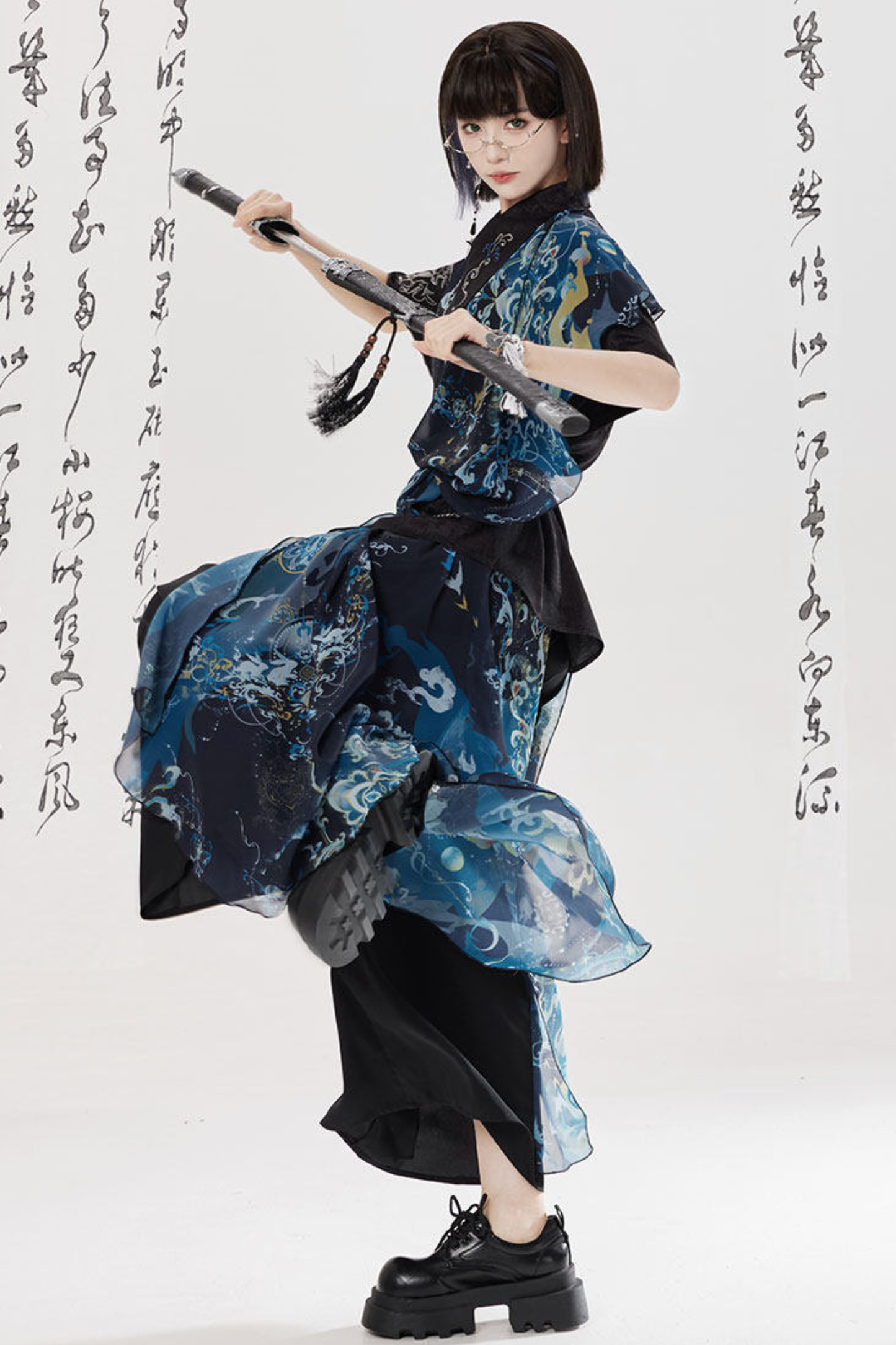 Dark Chinese-style Shirt + Wide Leg Pants + Chain + Belt