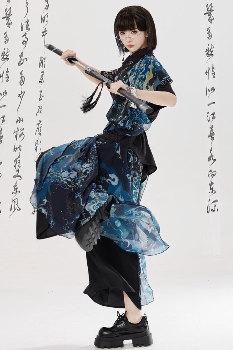 Dark Chinese-style Shirt + Wide Leg Pants + Chain + Belt