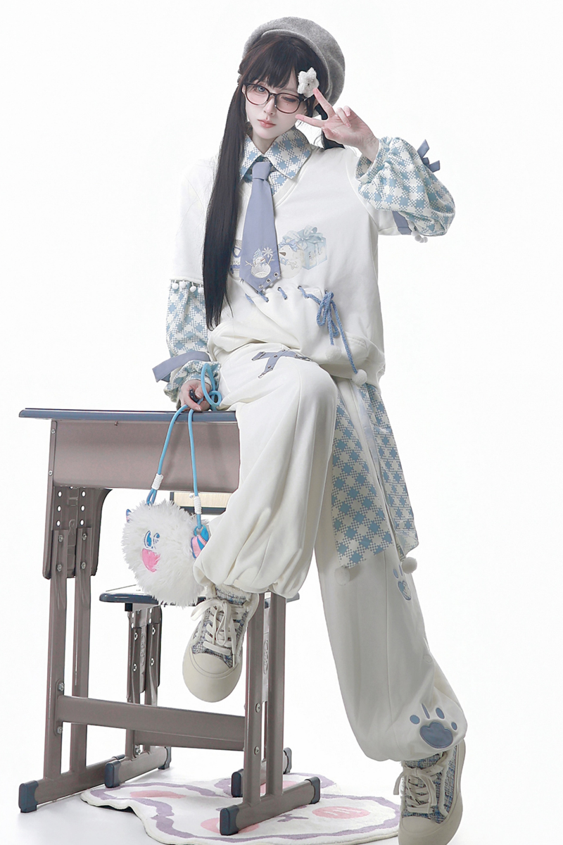 Digital Plaid Top + Wide Pants + Belt + Tie