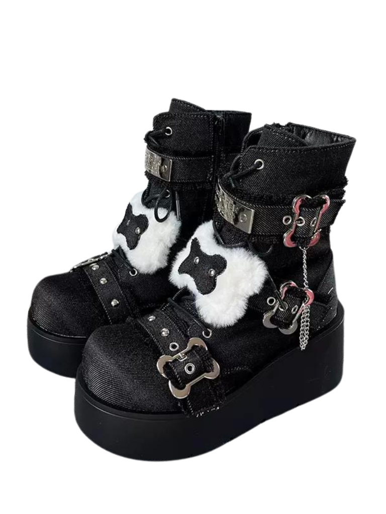 Small Bone Denim Round Toe Platform Short Boots