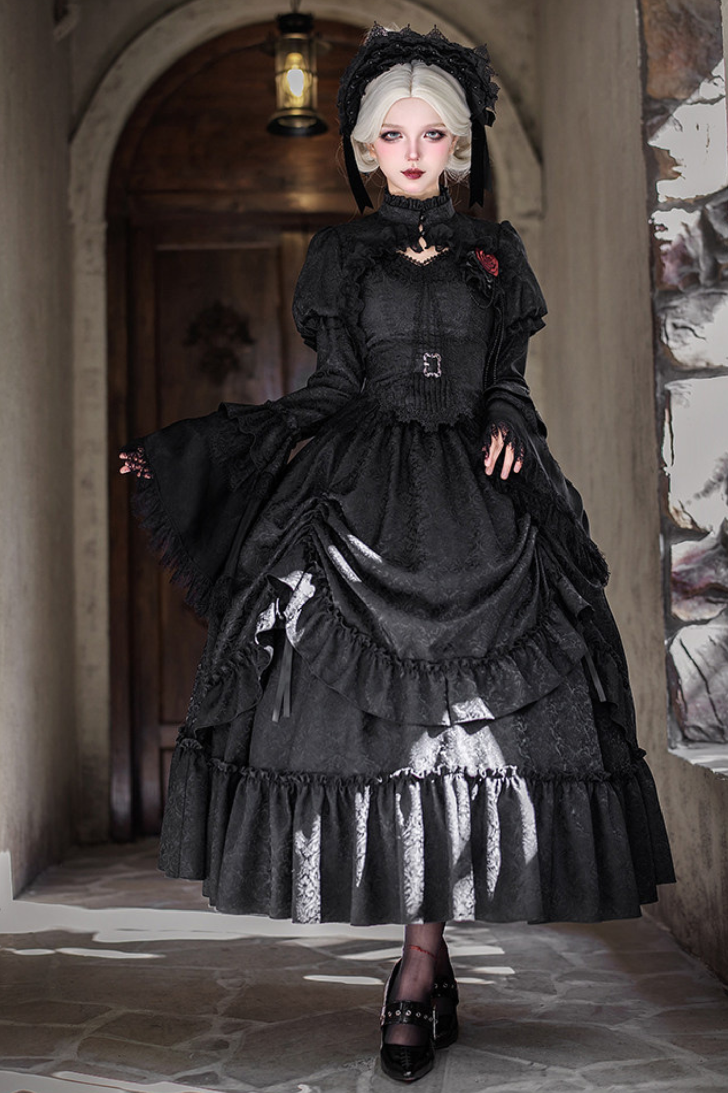 Gothic Corset Top + Short Coat + Hose + Curtain + Skirt + Flower + Bonnet