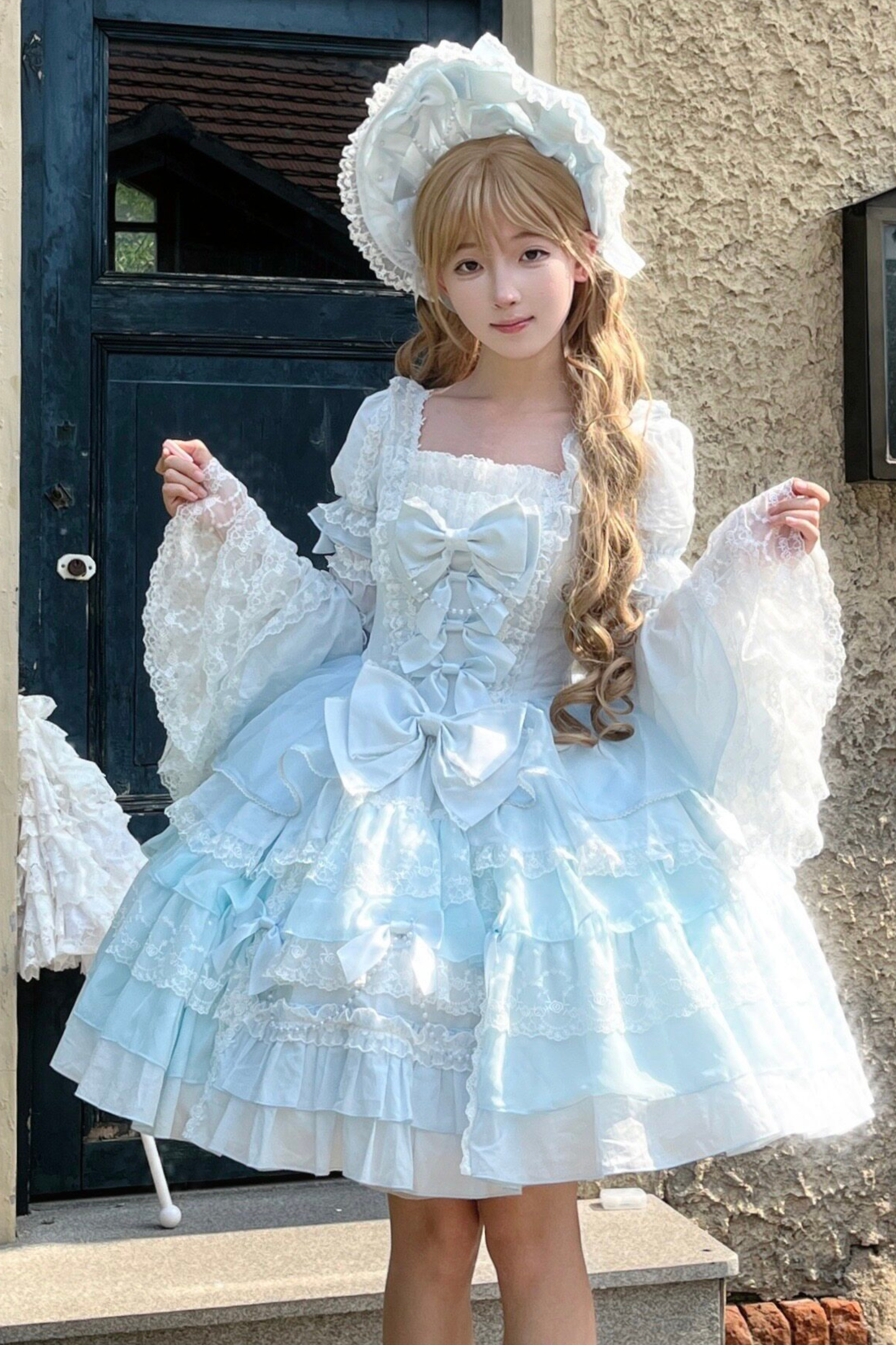 Sweetheart Ruffle Ribbon Lolita Dress + Bnt + Necklace + Princess Sleeve