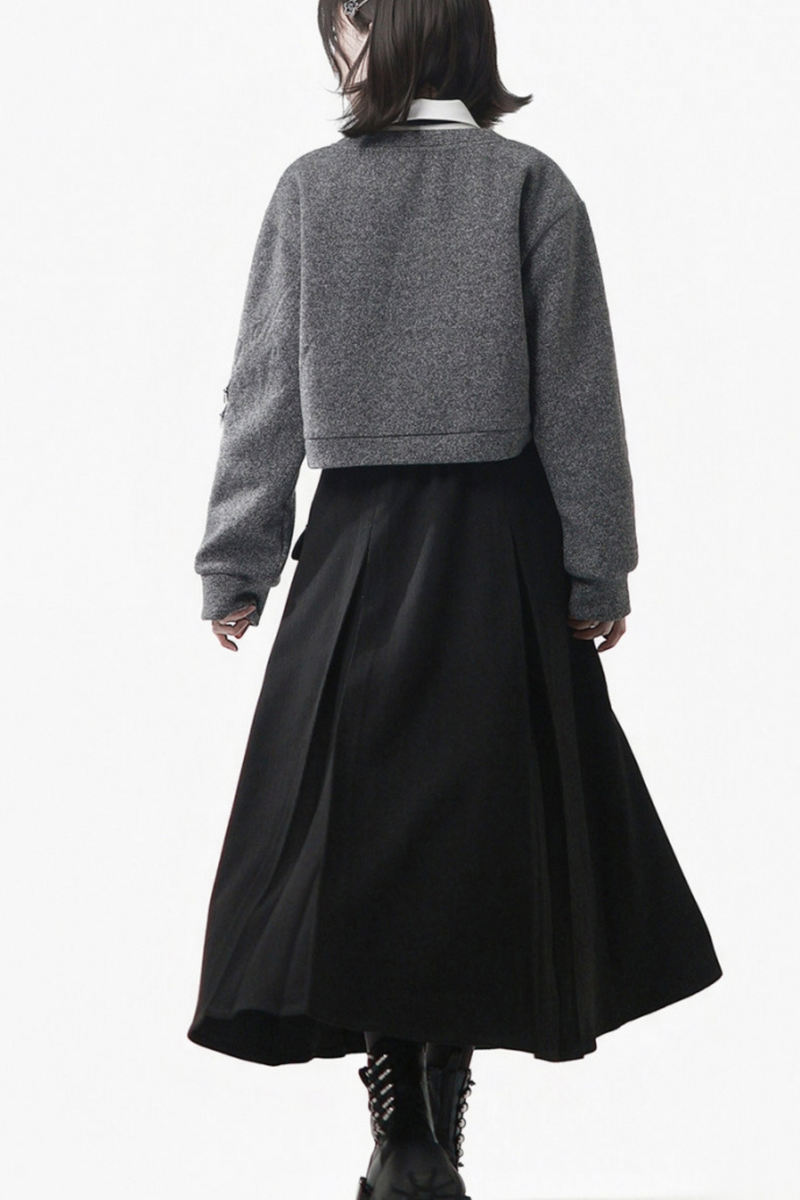 Gray Winter Preppy College Long Top + Short Top + Skirt + Pants + Shirt